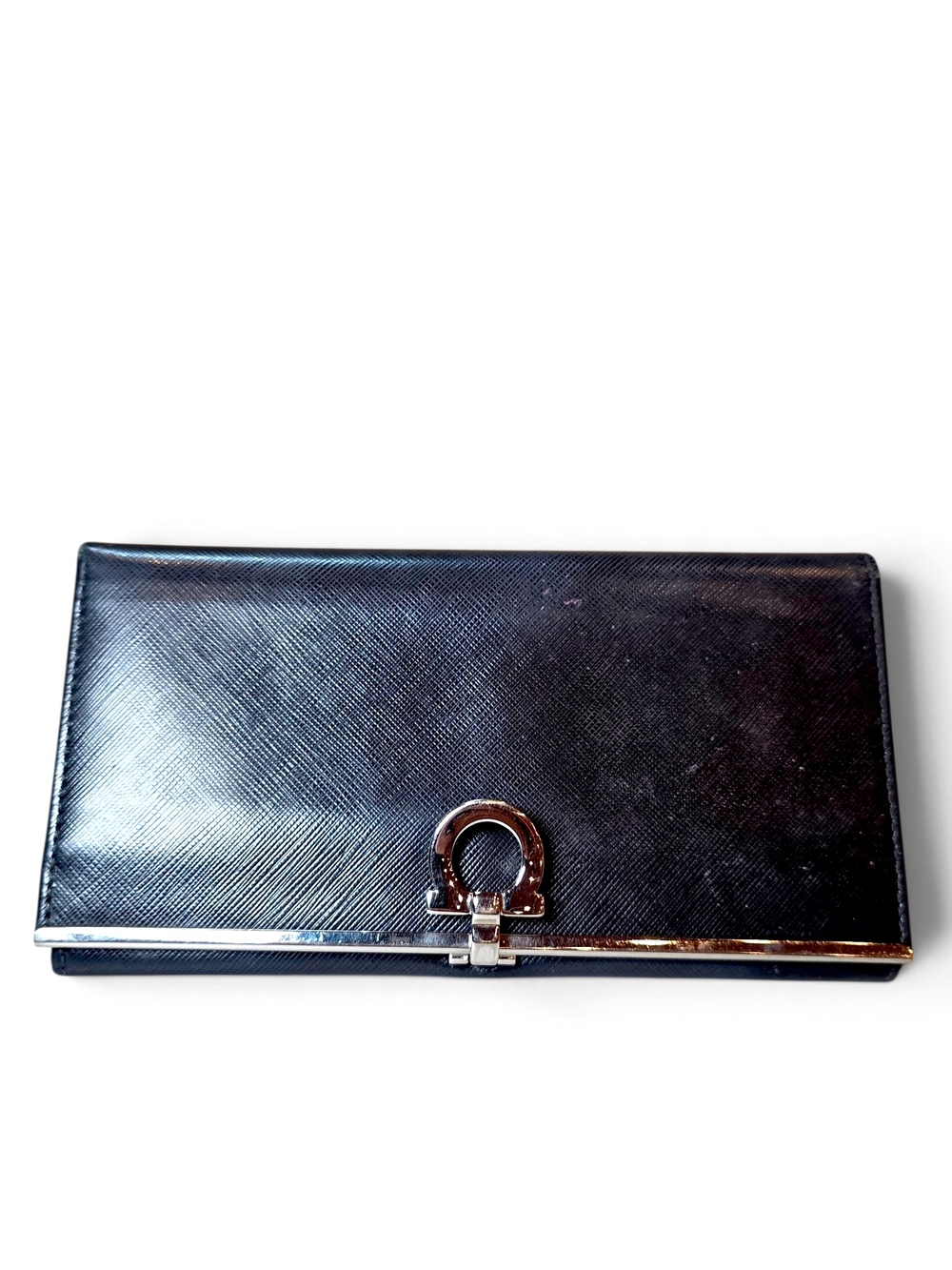 Salvatore Ferragamo Black Leather Women's Clutch Wallet with Silver Hardware